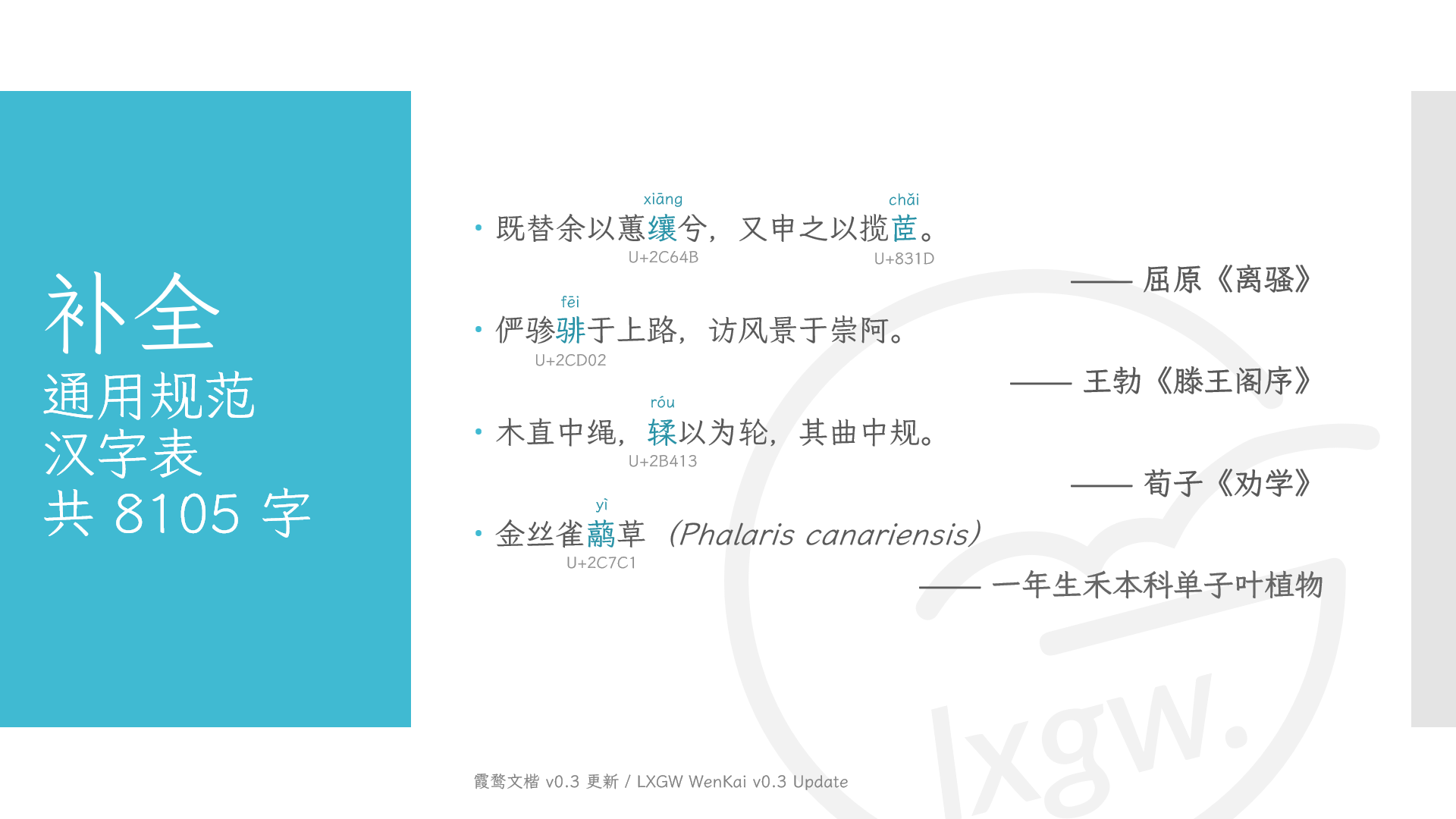 霞鹜文楷0 3 版本更新 补字计划基本完成 以及作者的一些话 Lxgw 落霞与孤鹜齐飞 秋水共长天一色